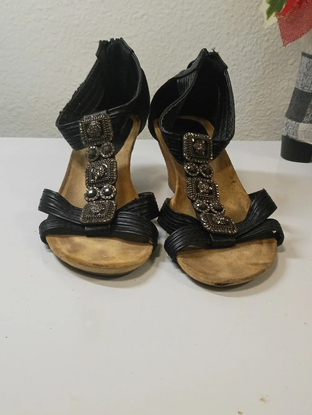 Black Jeweled T-Strap Wedge Sandals